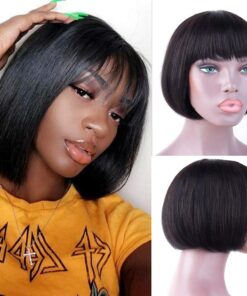 Short Straight Bob Human Hair Wigs with Bangs for Black Women Brazilian None Lace Front Wigs Pixie Cut 6inch Glueless 150% Density