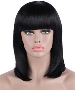 14 Inch Straight Short Black Bob Wig with Hair Bangs – Heat Resistant Synthetic Full Hair Wigs for Women (1 – Black) …