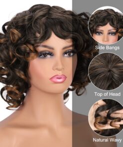 Short Curly Wigs for Black Women, Big Bouncy Fluffy Afro Kinky Curly Wig with Bangs 12 Inch