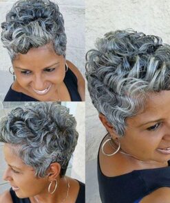 Natural Short Wavy Curly Grey Synthetic Wig For Black Women